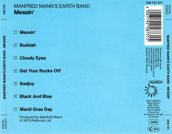 The back cover of a Manfred Mann's Earth Band 'Messin'' CD release, featuring a light blue background with tracklist text, barcode, and catalog details.
