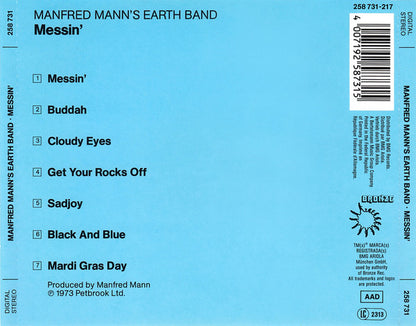 The back cover of a Manfred Mann's Earth Band 'Messin'' CD release, featuring a light blue background with tracklist text, barcode, and catalog details.