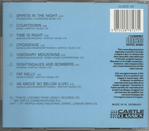 The back cover of a CD album for Manfred Mann - nightingales and bombers cd featuring track listings, a barcode, and the Castle Classics logo on a light blue background.