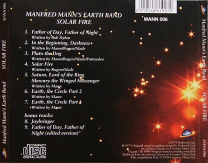 Back cover of Manfred Mann's Earth Band's 'Solar Fire' CD release, showing a black background with white tracklist text, scattered gold stars, and a bright orange-red glow in the lower right. Visible text includes the band name, album title, track list, and Disc logo.