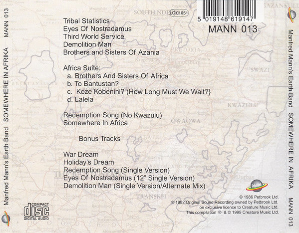 The back cover of a music CD for Manfred Mann's Earth Band - Somewhere In Africa, featuring a tracklist on a light beige map background with a barcode at the top right.