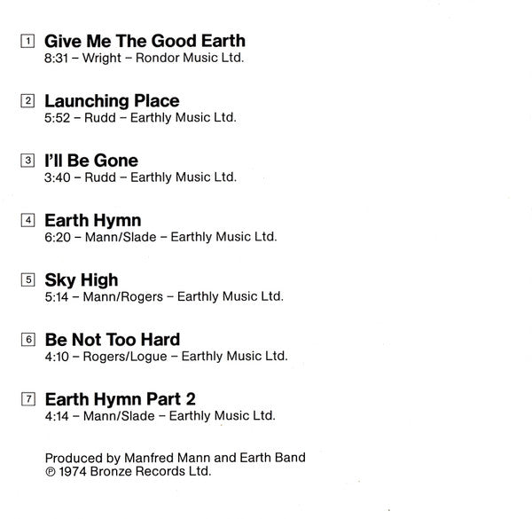 A printed tracklist page on a white background listing Manfred Mann - the good earth cd songs with song titles, durations, performers, and credits including Earth Band and 1974 Bronze Records Ltd.
