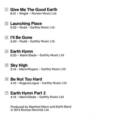 A printed tracklist page on a white background listing Manfred Mann - the good earth cd songs with song titles, durations, performers, and credits including Earth Band and 1974 Bronze Records Ltd.