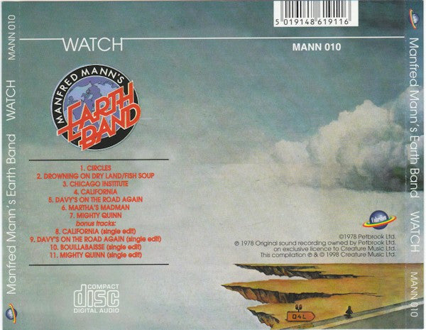 The back cover of the 'Watch: Manfred Mann's Earth Band' CD release, featuring a light blue sky with white clouds, a red and blue circular band logo, tracklist text, and a small desert landscape illustration at the bottom right.