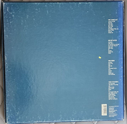 The back cover of a vinyl record album, featuring a textured blue background with white printed track listings on the right side.