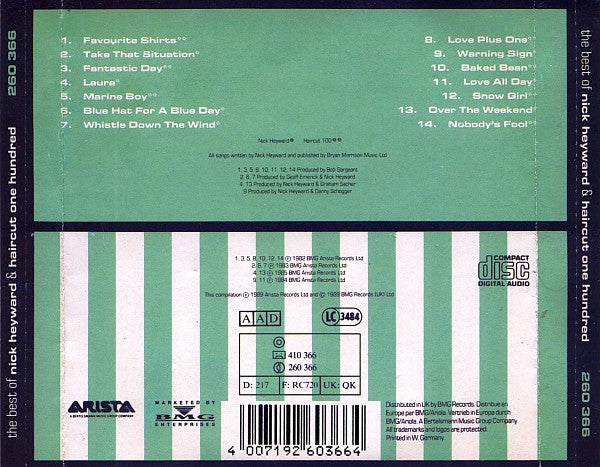 The back cover of a 1990 Nick Heywood 'Haircut One Hundred' 12-inch vinyl record CD, showing track listings, barcode, and publisher logos including Arista and BMG Entertainment.