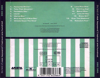 The back cover of a 1990 Nick Heywood 'Haircut One Hundred' 12-inch vinyl record CD, showing track listings, barcode, and publisher logos including Arista and BMG Entertainment.