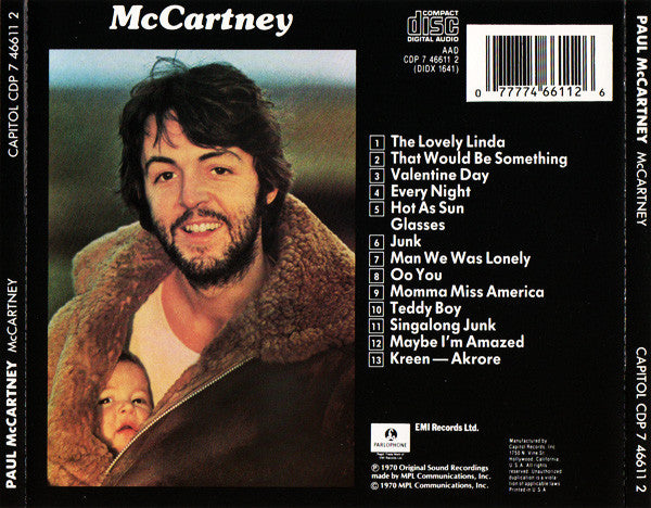 Rear cover of a Paul McCartney CD single sleeve for 'The Lovely Linda' on Capitol CDP 7 466111, showing the back of the case with tracklist, barcode, and artist name on a black background.