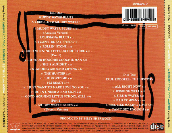 The back cover of a vinyl record for Paul Rodgers' 'Muddy Water Blues: A Tribute to Muddy Waters', showing track listings for both Disc One and Disc Two on a textured orange-brown background with black graphic lines and a barcode.