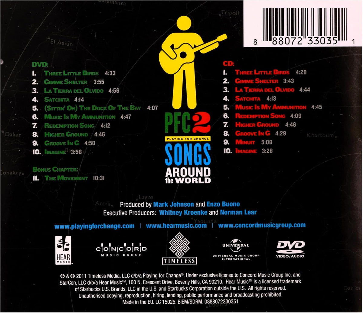 Back cover of the 'PCG 2 Songs Around the World' DVD+CD music compilation album, featuring track listings, a yellow silhouette of a guitar-playing figure, and publisher logos on a black background.