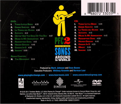 Back cover of the 'PCG 2 Songs Around the World' DVD+CD music compilation album, featuring track listings, a yellow silhouette of a guitar-playing figure, and publisher logos on a black background.