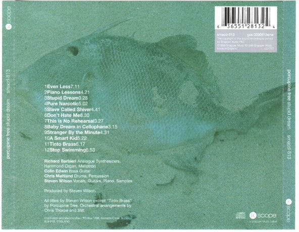 The back cover of a music CD for 'Percussion: A Piano with Drummer' featuring a green-tinted photograph of a person playing drums, track list, barcode, and SCOPE logo.