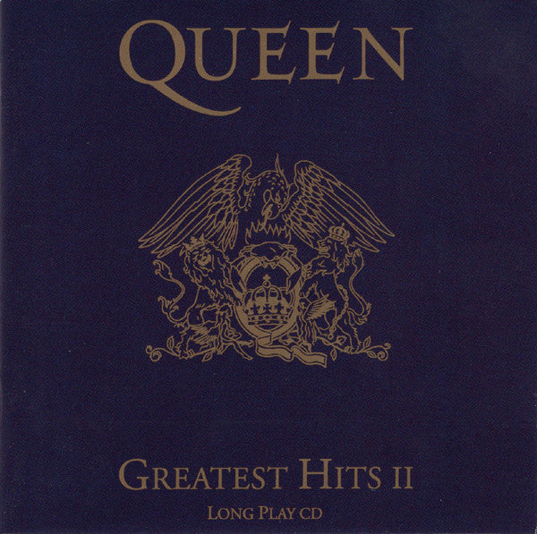 Queen Greatest Hits II Long Play CD cover in dark navy blue with gold foil-style lettering and crest artwork.