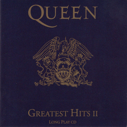 Queen Greatest Hits II Long Play CD cover in dark navy blue with gold foil-style lettering and crest artwork.