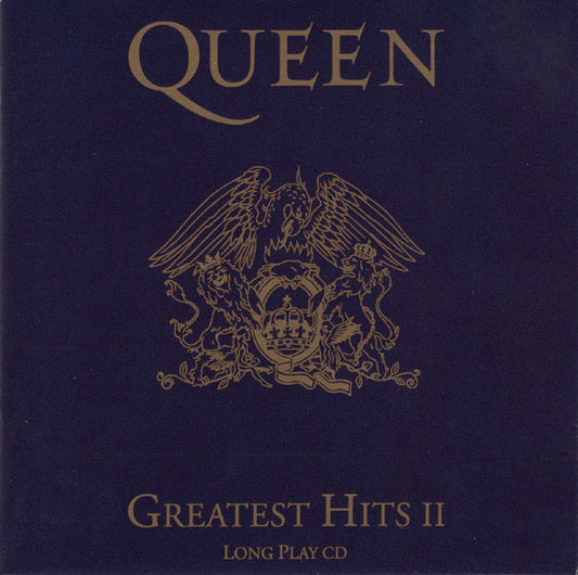 Queen Greatest Hits II Long Play CD cover in dark navy blue with gold foil-style lettering and crest artwork.