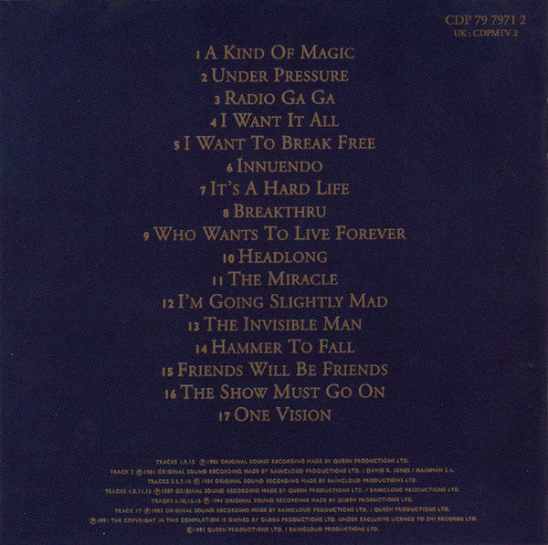 The back cover of a music CD featuring a tracklist in gold text on a dark navy blue background. Visible text includes the title 'CDP 75 7971 2 UK: CEPHEV 2' and track names such as 'A Kind of Magic', 'Under Pressure', and 'Radio Ga Ga'.