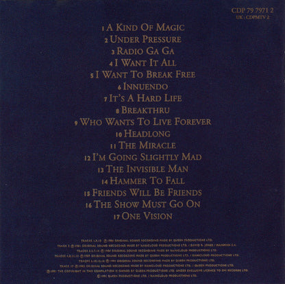 The back cover of a music CD featuring a tracklist in gold text on a dark navy blue background. Visible text includes the title 'CDP 75 7971 2 UK: CEPHEV 2' and track names such as 'A Kind of Magic', 'Under Pressure', and 'Radio Ga Ga'.