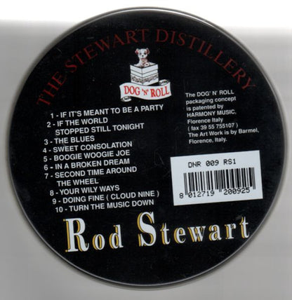The back of a circular black vinyl record sleeve for Rod Stewart's 'Dog & Roll', showing tracklist text, artist branding, and a barcode on a light gray background.