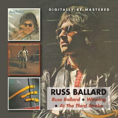 Album cover for Russ Ballard's 'Winning At The Third Stroke' with a stylized portrait and album art.