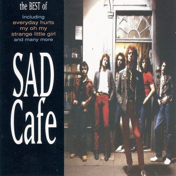 Album cover for 'the BEST of SAD Cafe' featuring a black vertical title panel on the left with large white text and a band photo on the right showing five people standing in a doorway.