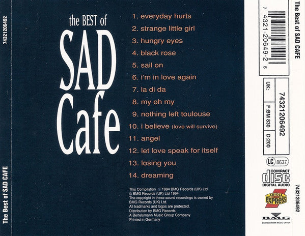 Back cover of 'The Best of SAD Cafe' CD compilation on a dark navy background, with the tracklist printed in orange and large white title text. A barcode, catalog info, and Discbox logos appear along the right side.