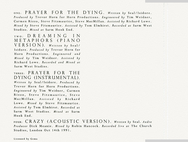 A printed sheet of paper showing the track listing and credits for Seal's album 'Prayer for the Dying', including song titles, writers, producers, engineers, mixers, recording locations, and release date.