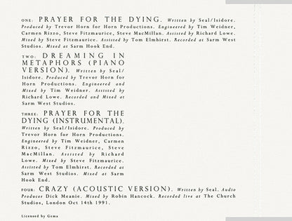 A printed sheet of paper showing the track listing and credits for Seal's album 'Prayer for the Dying', including song titles, writers, producers, engineers, mixers, recording locations, and release date.