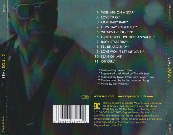 Back cover of the Seal 'Soul 2' CD single, featuring the tracklist, barcode, and copyright information on a dark green and black background with a blurred portrait of Seal.