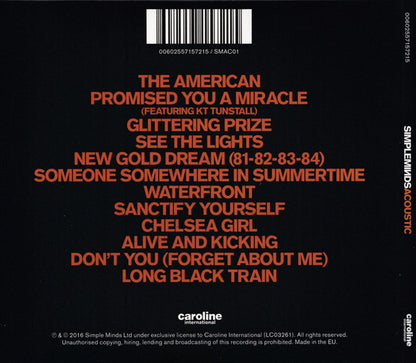 The back cover of the CD 'Accoustic: The American Promised You A Miracle' by Simple Minds, featuring a black background with orange text listing the tracklist and a barcode at the top.