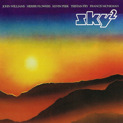 Album cover for 'sky2' featuring a sunset landscape with dark mountain silhouettes against a yellow, orange, and blue sky. The top lists artist names: John Williams, Herbie Flowers, Kevin Peek, Tristan Fry, and Francis Monkman.