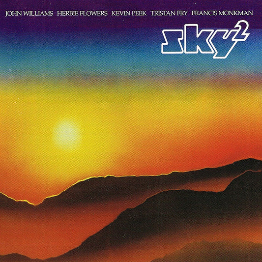 Album cover for 'sky2' featuring a sunset landscape with dark mountain silhouettes against a yellow, orange, and blue sky. The top lists artist names: John Williams, Herbie Flowers, Kevin Peek, Tristan Fry, and Francis Monkman.