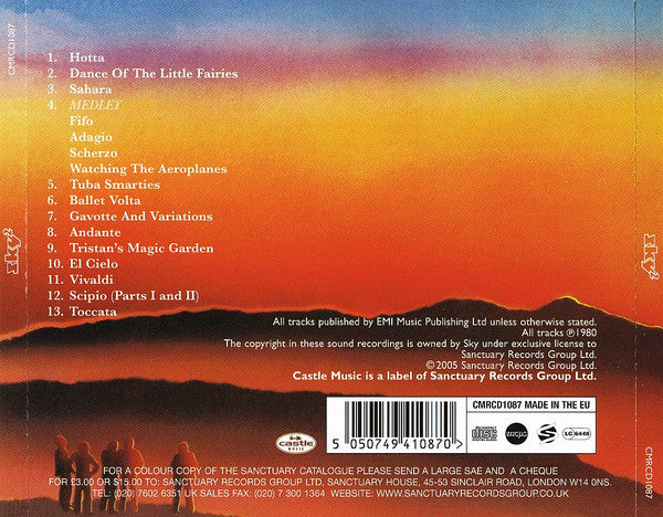 The back cover of a CD album featuring a tracklist from 1980, set against a sunset gradient background transitioning from orange to yellow and red, with a dark brown silhouette of a mountain range at the bottom.