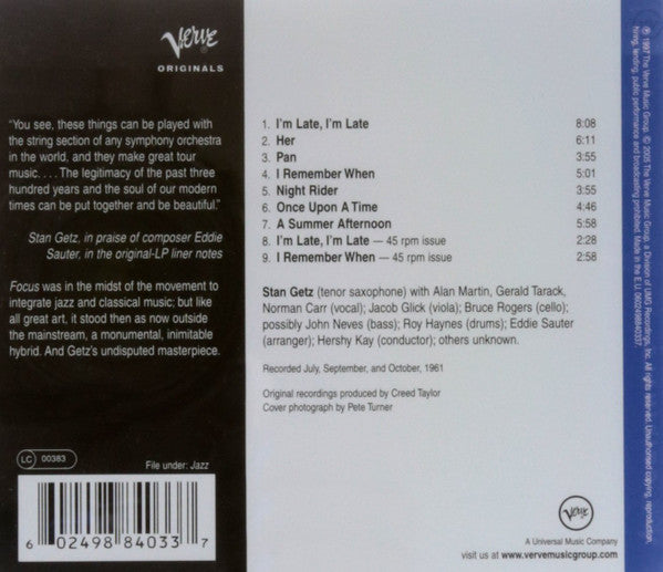 The back cover of a Verve Records jazz album featuring Stan Getz, with track listings, biographical text, and a barcode on a white background.