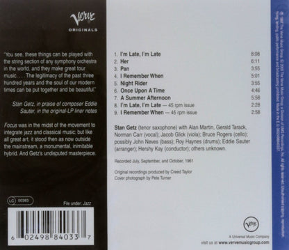 The back cover of a Verve Records jazz album featuring Stan Getz, with track listings, biographical text, and a barcode on a white background.