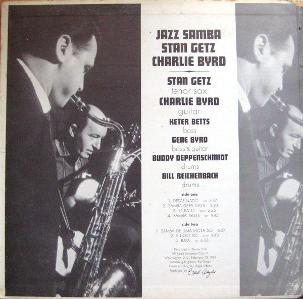 Vinyl record sleeve for Stan Getz and Charlie Byrd's 'Jazz Samba' album, featuring a black-and-white photo of musicians playing saxophones on the left and track listing text on the right.