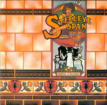 Steeleye Span album cover artwork featuring a stylized orange 'S' and the band name, with illustrated figures, a cow, and decorative border motifs on a warm orange background.