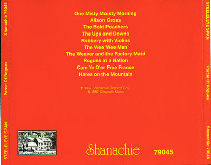 The back cover of a Shanachie vinyl record sleeve for their 1979 album 'Fiction of Rogues', featuring a bright orange-red background with yellow text listing track titles and artist name Shanachie.