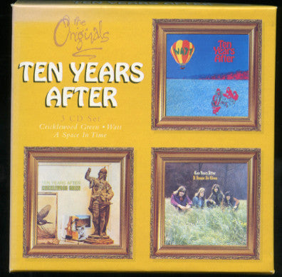 The Originals 'Ten Years After' CD album cover, featuring a bright yellow background with the band's name and album title in large white text. The cover includes three framed album artwork panels: 'Ten Years After' with a hot air balloon, 'Cuckwood Green' with a statue, and 'A Space In Time' with a band scene.