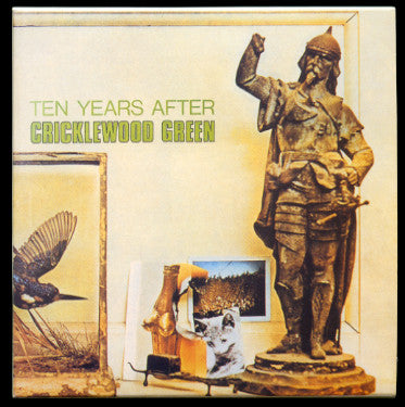 Album cover for Cricklewood Green's 'Ten Years After', featuring a vintage-style collage with a bronze warrior statue, a bird in a frame, a small dog portrait, and green text on a beige background.