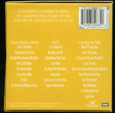 Back cover of a Crickleywood Green compilation CD box set with track listings and a barcode on a yellow background.