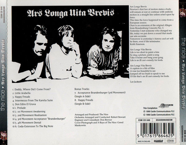 Rear cover of the 'The Nice - Am I Longa Nita Brevie' CD single, showing track listings, song text, barcode, and a black-and-white band photo on the back of the jewel case.