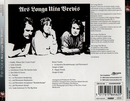Rear cover of the 'The Nice - Am I Longa Nita Brevie' CD single, showing track listings, song text, barcode, and a black-and-white band photo on the back of the jewel case.