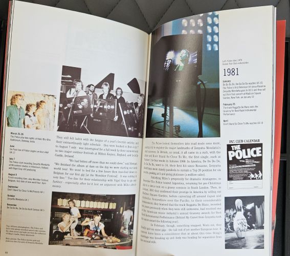 An open book spread showing printed pages with photos, text, and a black-and-white poster reading 'POLICE' and '1981'.