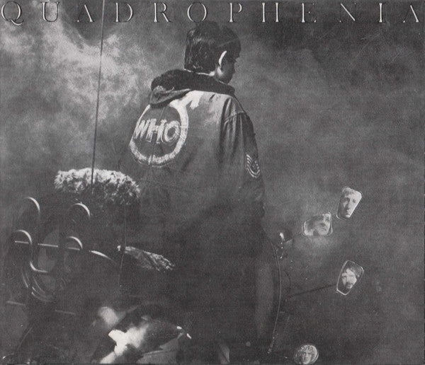 Black and white album cover art for 'Quadrophenia' featuring a person from behind wearing a jacket with a large 'WHO' logo on the back, seated in a car with mirrors and smoke visible.