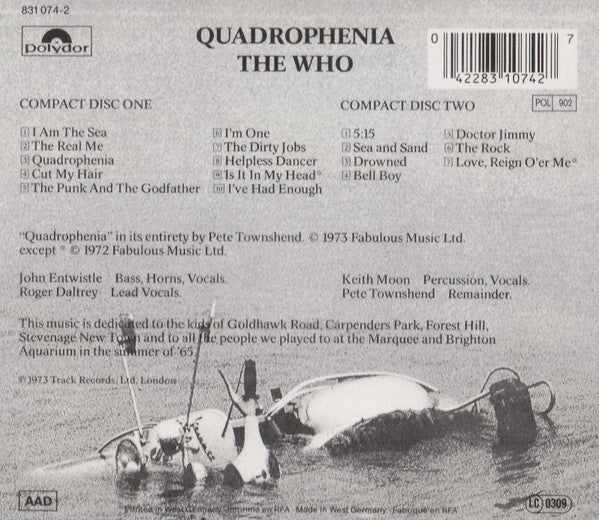 The back cover of a Polydor CD release for 'Quadrophenia' by The Who, showing track listings for both compact discs, a barcode, and a black-and-white photograph of a car at the bottom.
