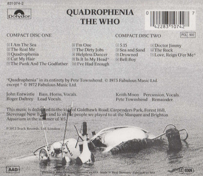 The back cover of a Polydor CD release for 'Quadrophenia' by The Who, showing track listings for both compact discs, a barcode, and a black-and-white photograph of a car at the bottom.