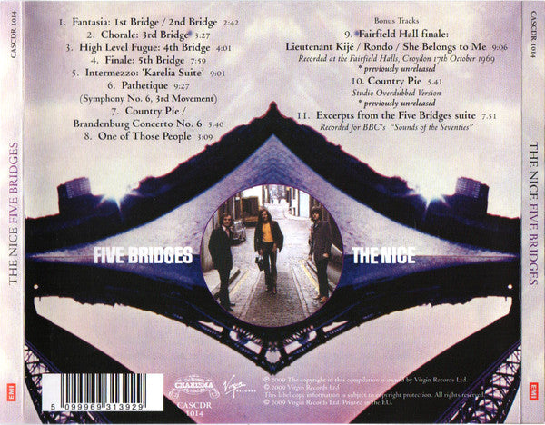 The back cover of the CACAO 1214 CD release of 'The Nice Five Bridges' album, featuring a purple-toned illustration of the Eiffel Tower and a central circular photograph of people walking through the bridge. The left spine displays the CACAO logo and the title 'THE NICE FIVE BRIDGES', while the right spine shows the artist name 'BONSAI TRUCK'.