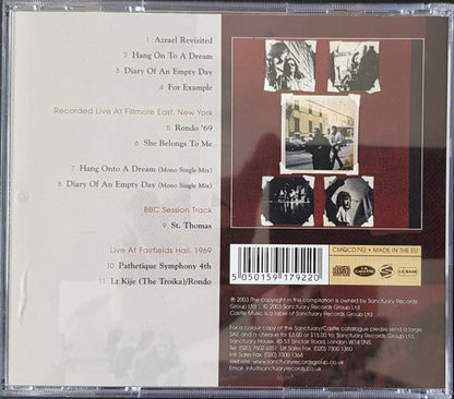 The back cover of a CD jewel case for the album 'Arrel' Revisited' by Saint Thomas, featuring track listings on a light gray background and a collage of black-and-white photos on a dark red background.