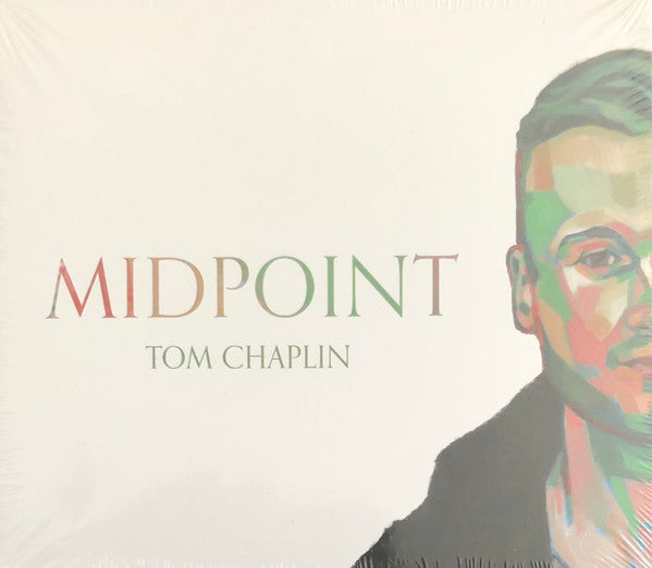 Album cover for 'Midpoint' by Tom Chaplin, featuring a stylized multicolored portrait of a man on the right and the title and artist name on the left against a warm off-white background.