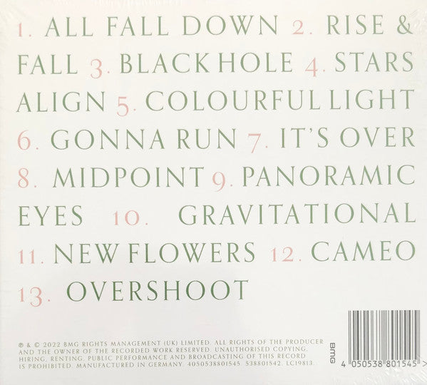 The back cover of a music CD for the band Bright Minds, featuring the tracklist from their album 'All Fall Down' in pale green and pink text on an off-white background, with a barcode in the bottom right corner.